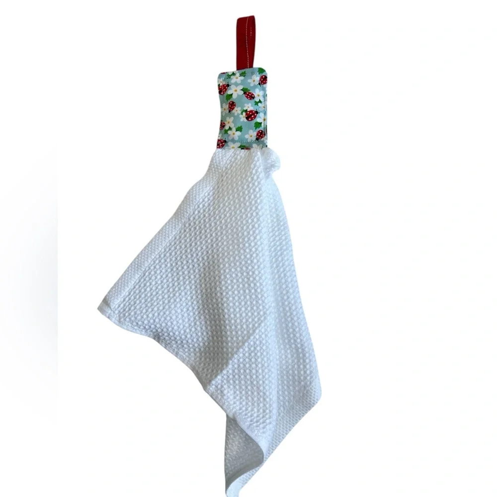 Hand Crafted Floral Ladybugs Red and White Hanging Kitchen Towel Cotton
